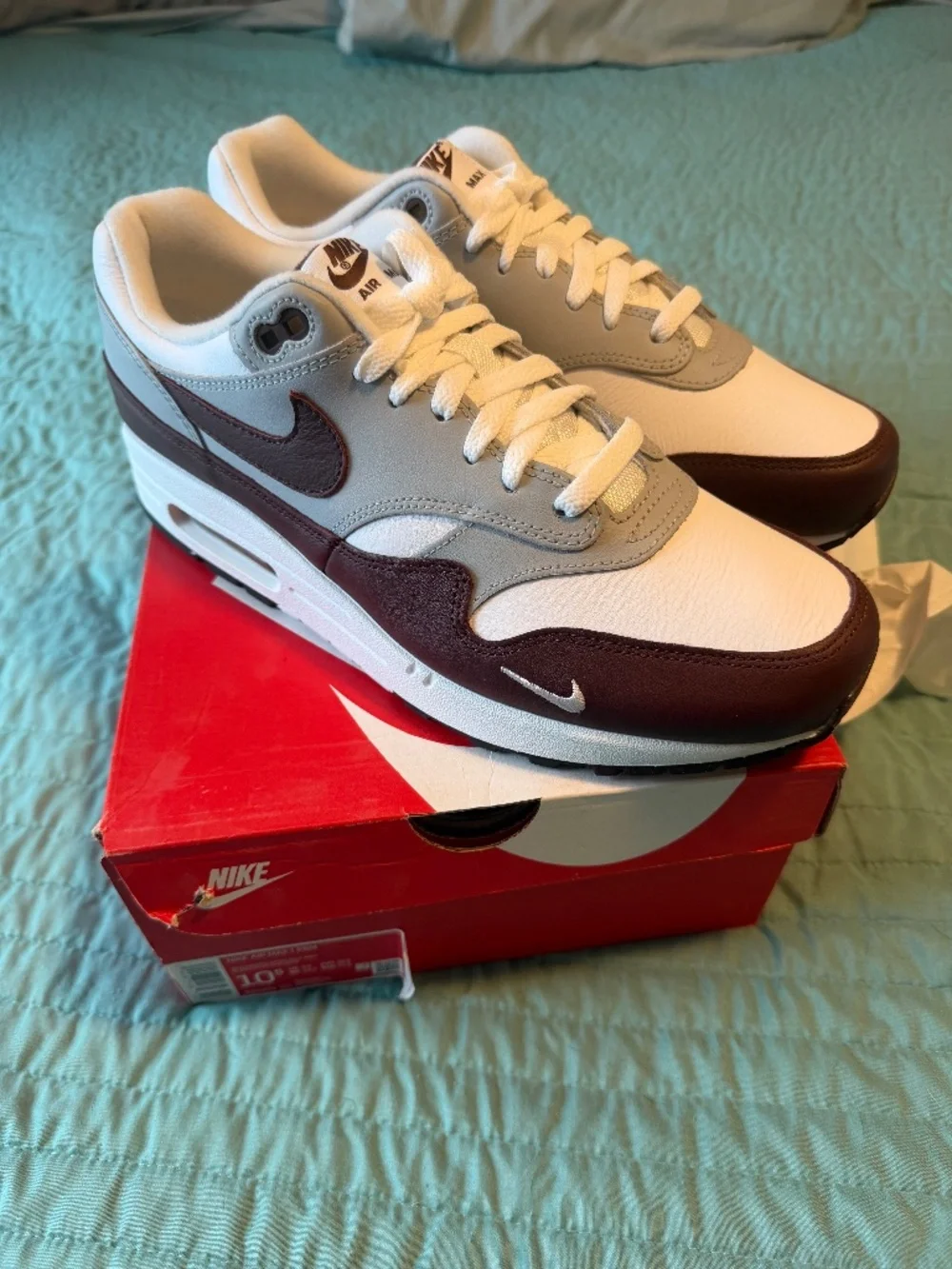 BNIB Nike Air Max 1 Premium Mystic Dates White Maroon DB5074-101 Size 10.5 DS